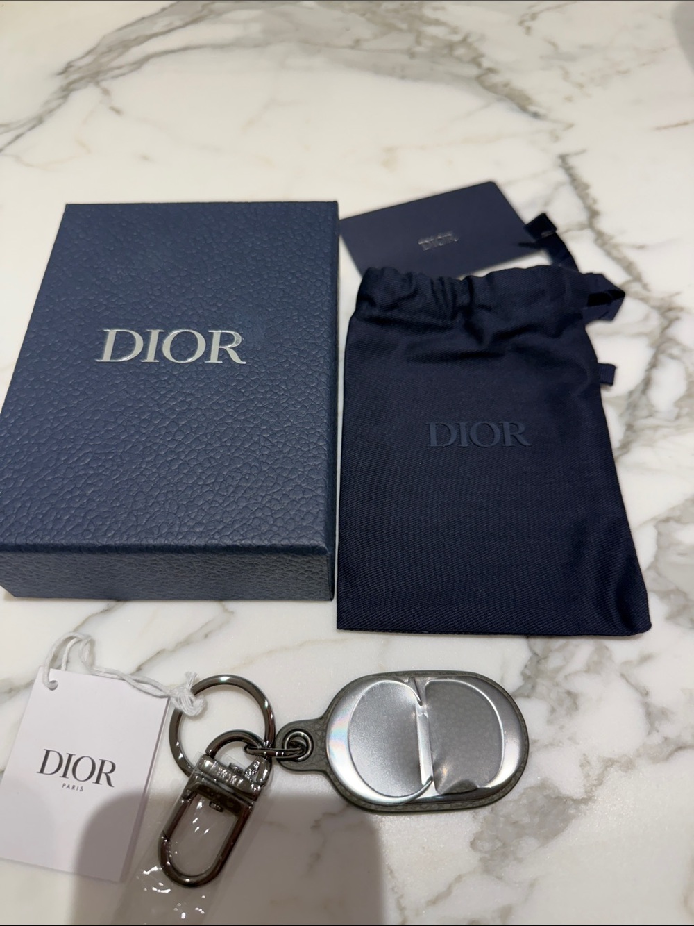 Dior Men’s Silver Metal Keyring with Navy Branded Pouch